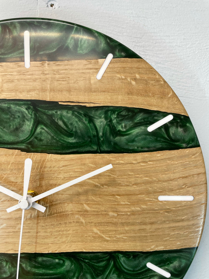 English Oak and Dark Green Pearlescent Resin Wall Clock