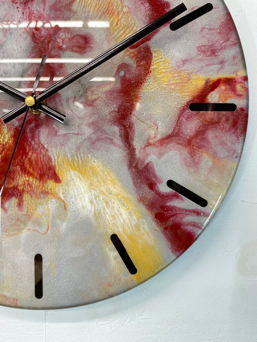 33cm Metallic Silver Maroon and Gold Abstract Modern Resin Wall Clock