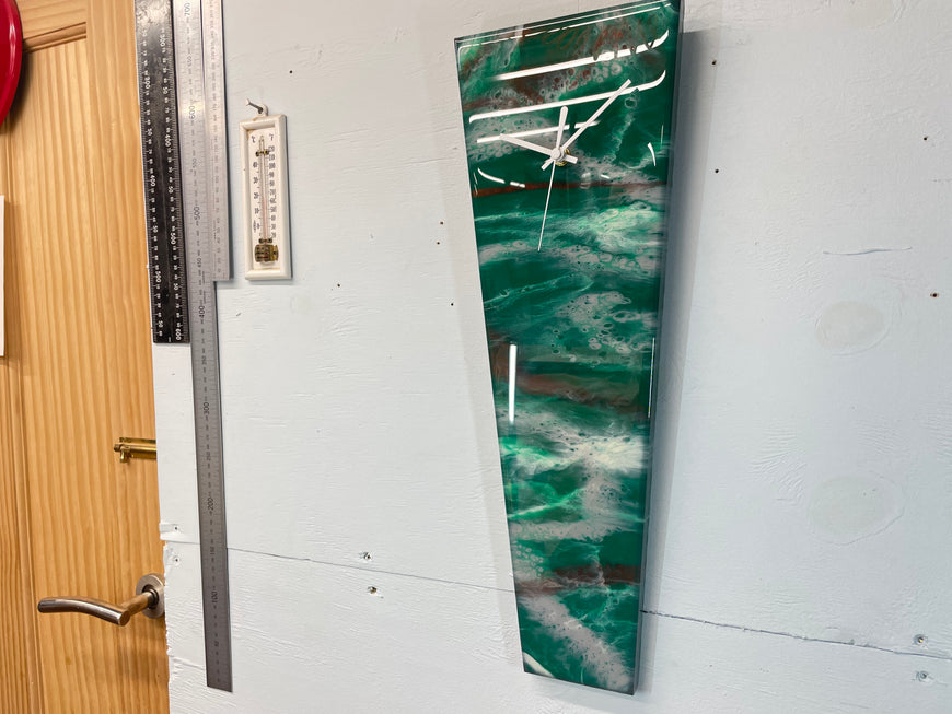 Narrow Emerald Green Copper and Grey Abstract Resin Wall Clock