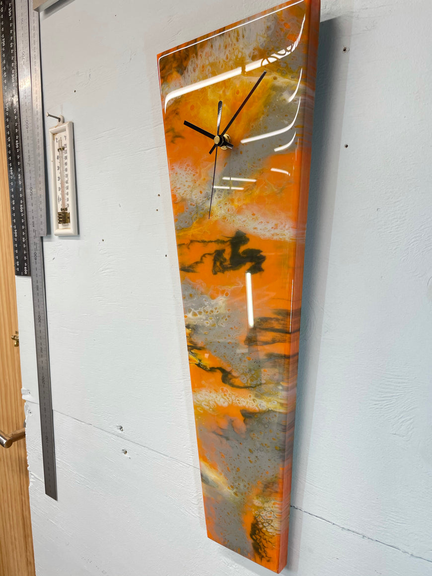 Narrow Burnt Orange Ivory Grey and Black Abstract Resin Wall Clock