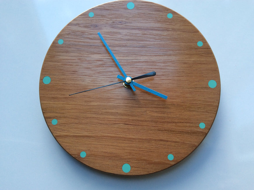 Small Wooden Wall Clock with  Blue Hands