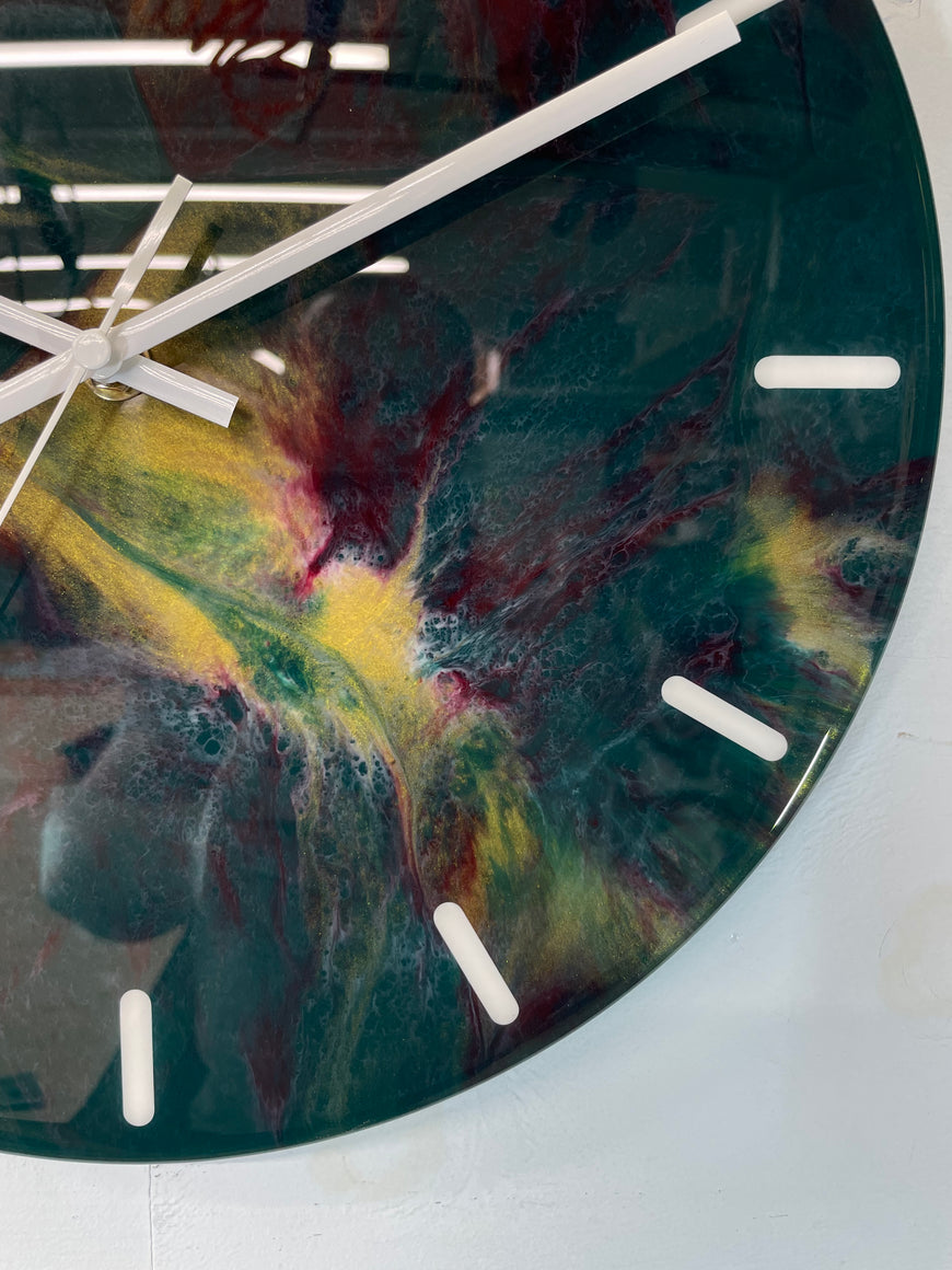 33cm Dark Green Maroon and Gold Abstract Modern Resin Wall Clock