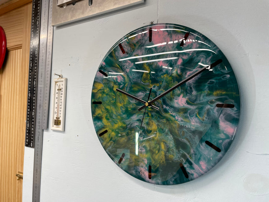 33cm Dark Green Pink and Gold Abstract Modern Resin Wall Clock