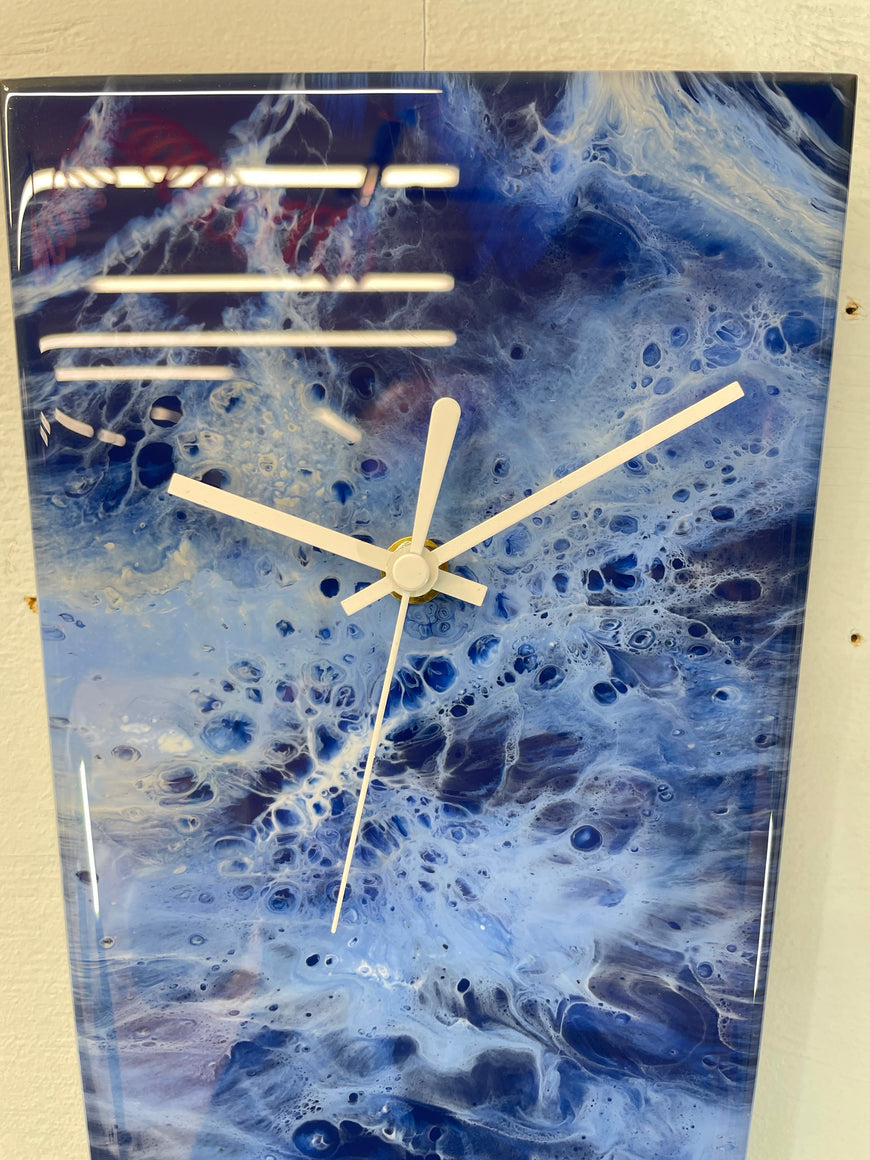 Narrow Navy Blue Baby Blue and White Abstract Resin Wall Clock