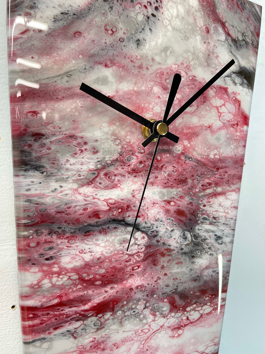 Narrow Grey Blood Red Maroon and White Abstract Resin Wall Clock