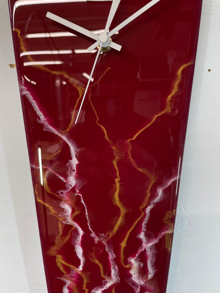 Narrow Dark Red Maroon White and Gold Abstract Resin Wall Clock