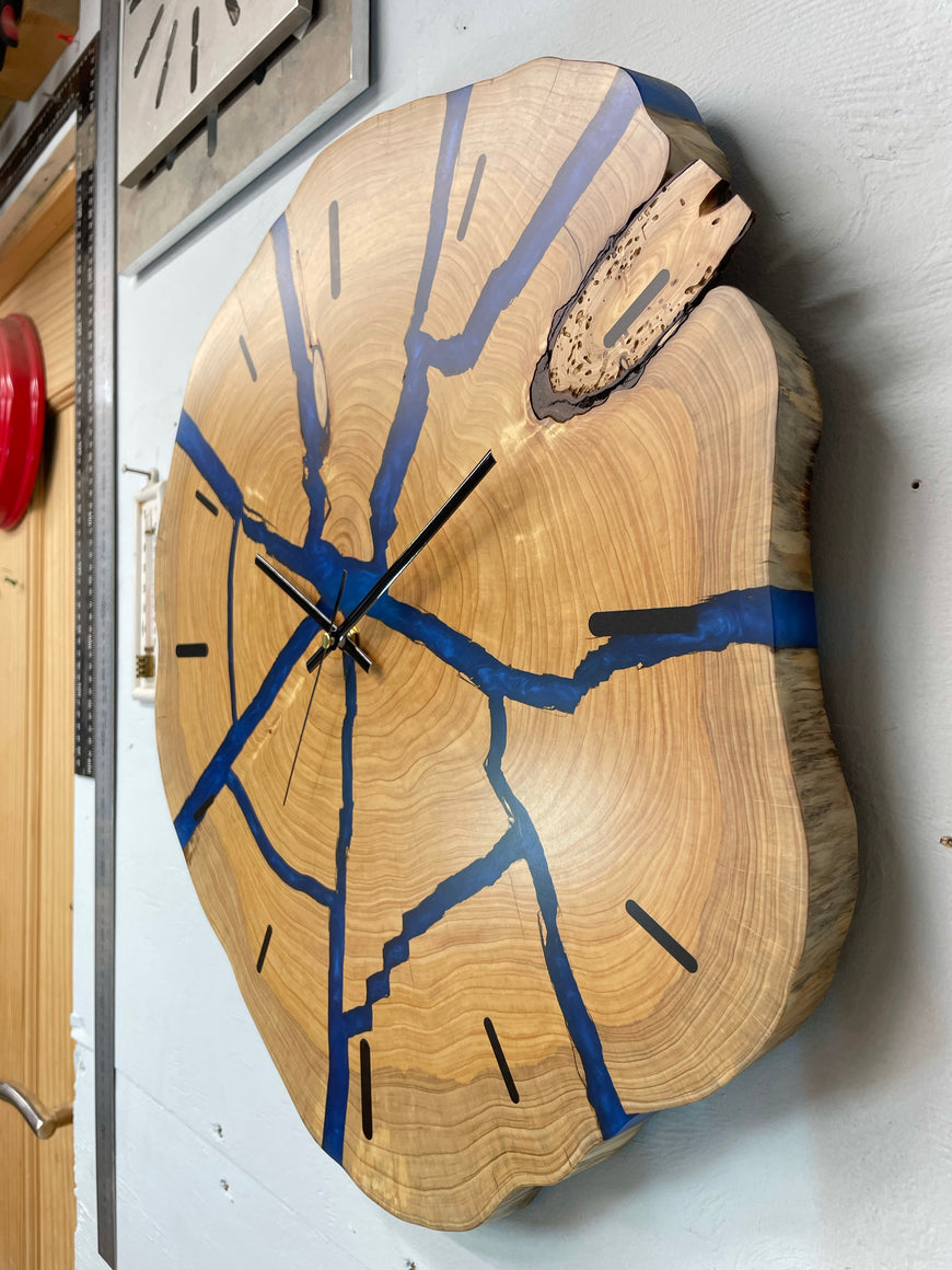Large End Grain Wooden Wall Clock with Sapphire Blue Pearlescent Resin