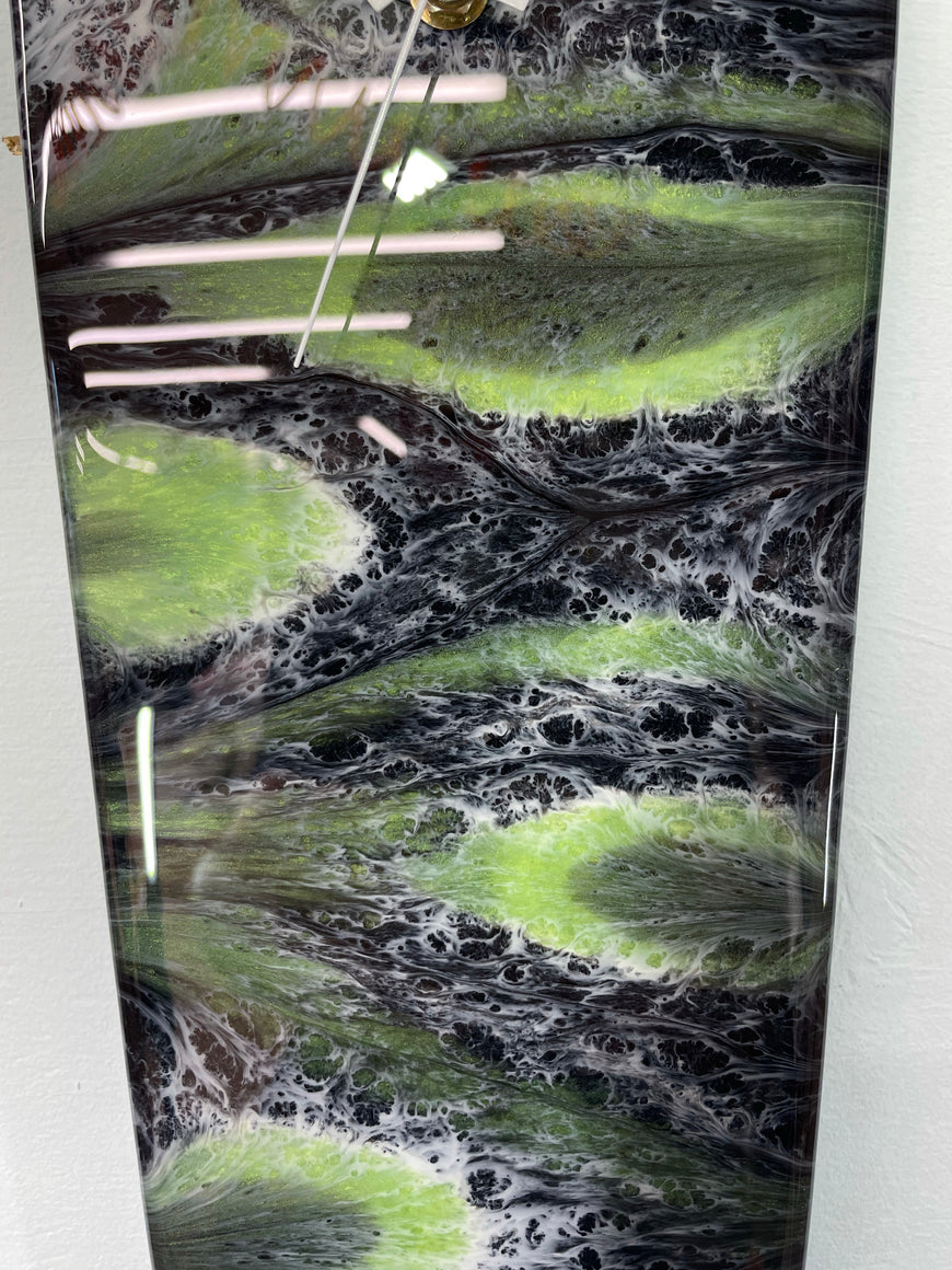 Narrow Black Green and White Abstract Resin Wall Clock, Long Modern Wall Clock
