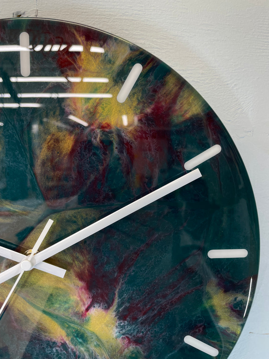 33cm Dark Green Maroon and Gold Abstract Modern Resin Wall Clock