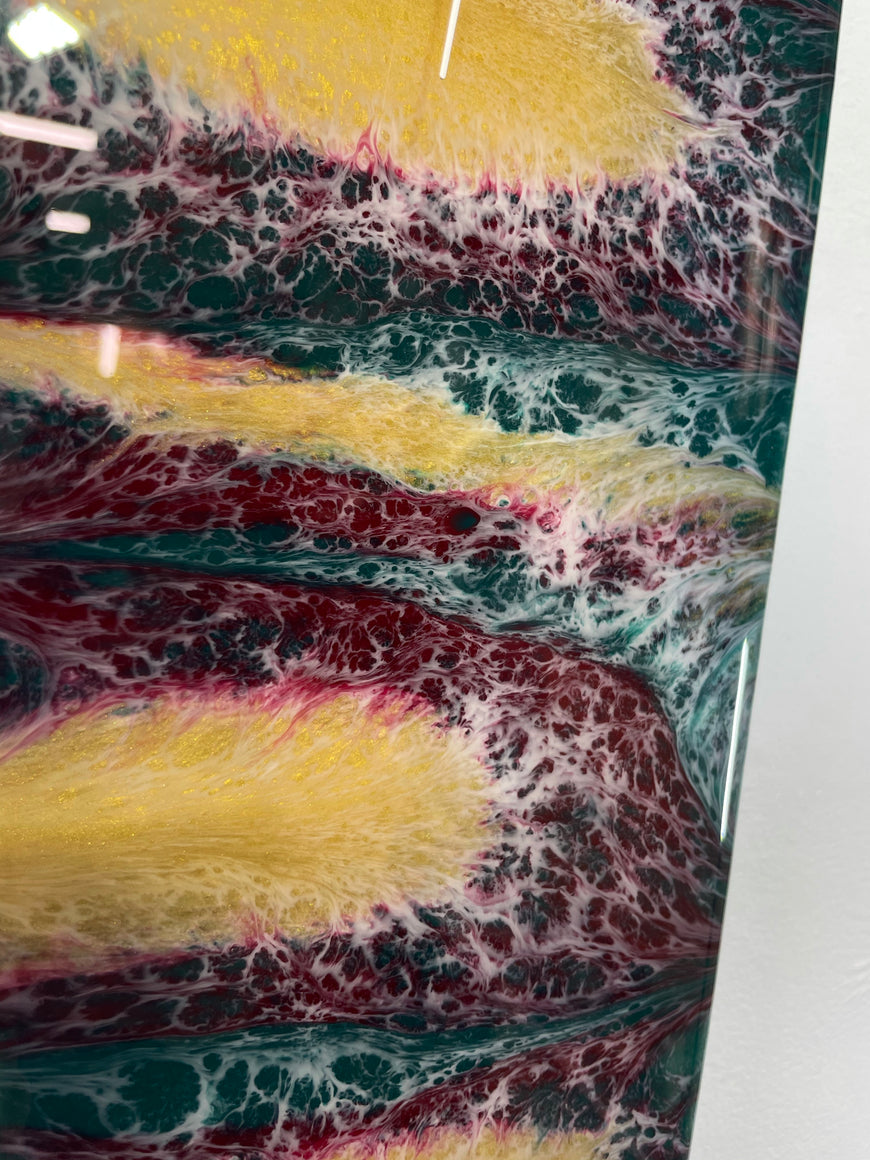 Narrow Emerald Green maroon Gold and White Abstract Resin Wall Clock