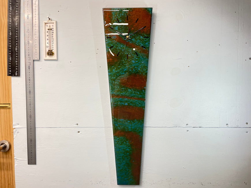 70cm Long Narrow Turquoise Green and Copper Abstract Resin Wall Clock