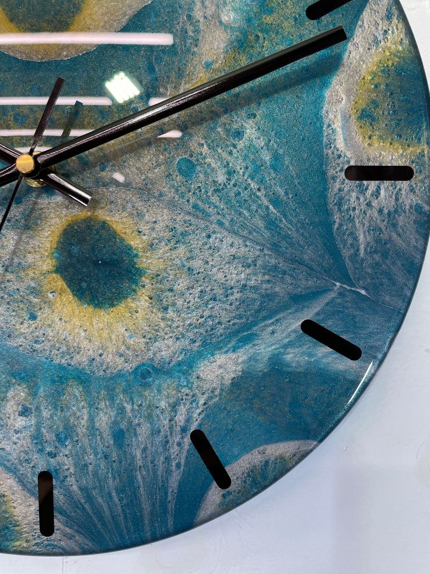 33cm Turquoise Silver and Gold Abstract Modern Resin Wall Clock