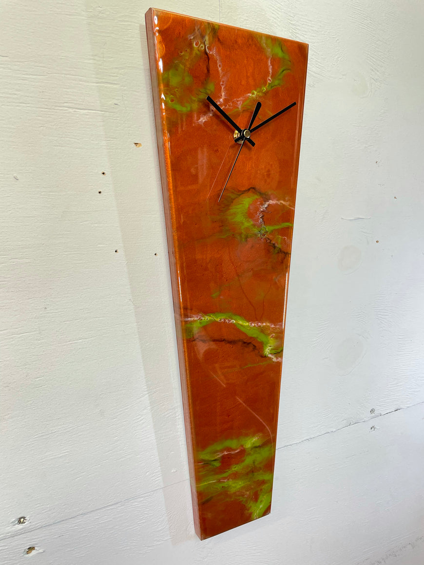 Narrow Copper and Moss Green Abstract Resin Wall Clock