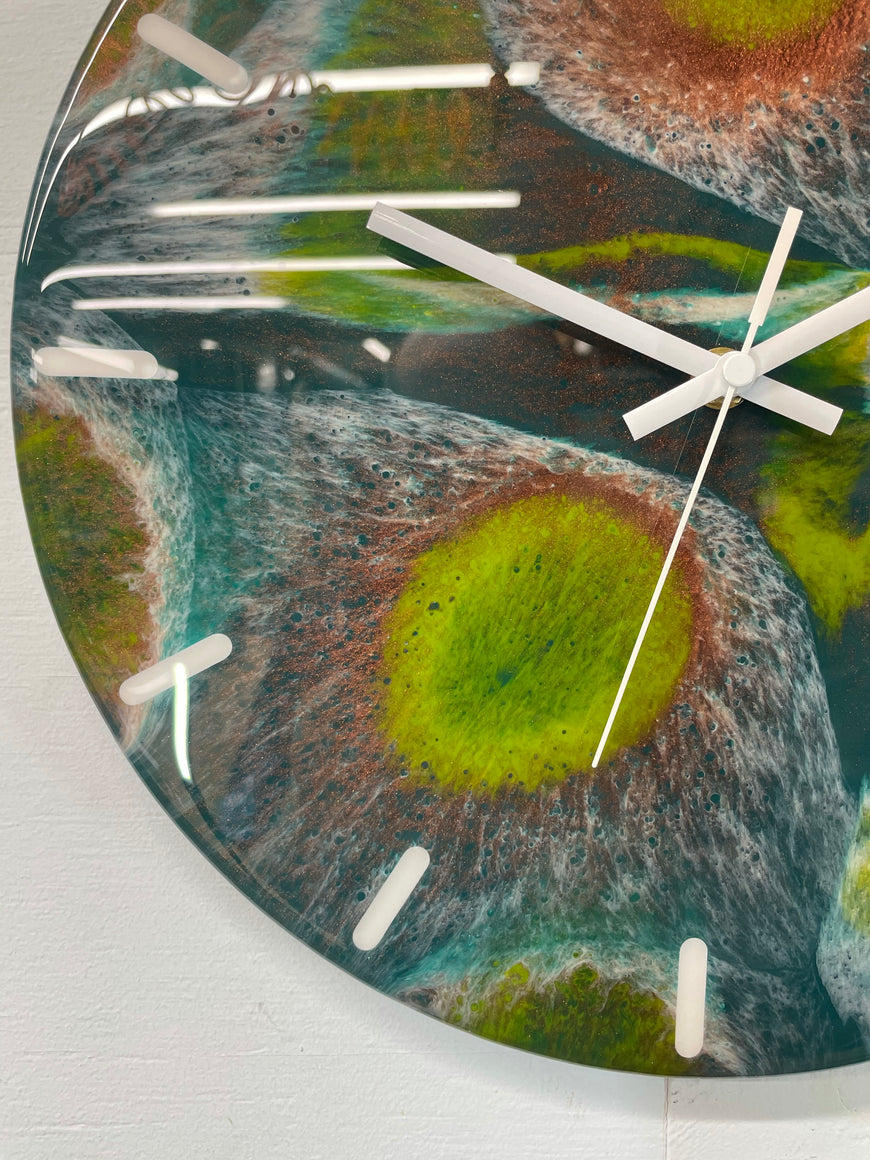 33cm Dark Green Copper and Moss Green Abstract Modern Resin Wall Clock