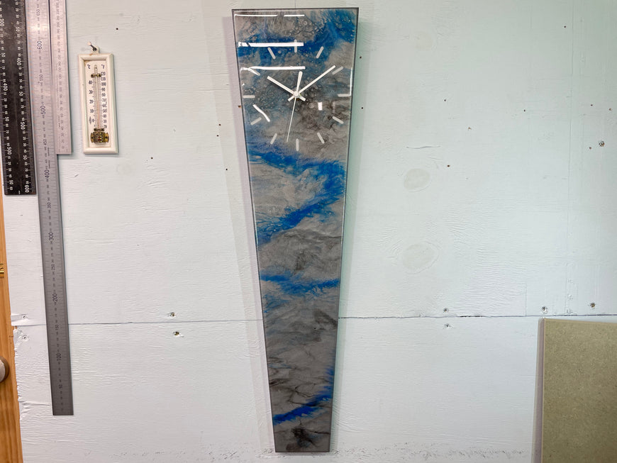 70cm Long Narrow Metallic Silver Blue and Black Abstract Resin Wall Clock