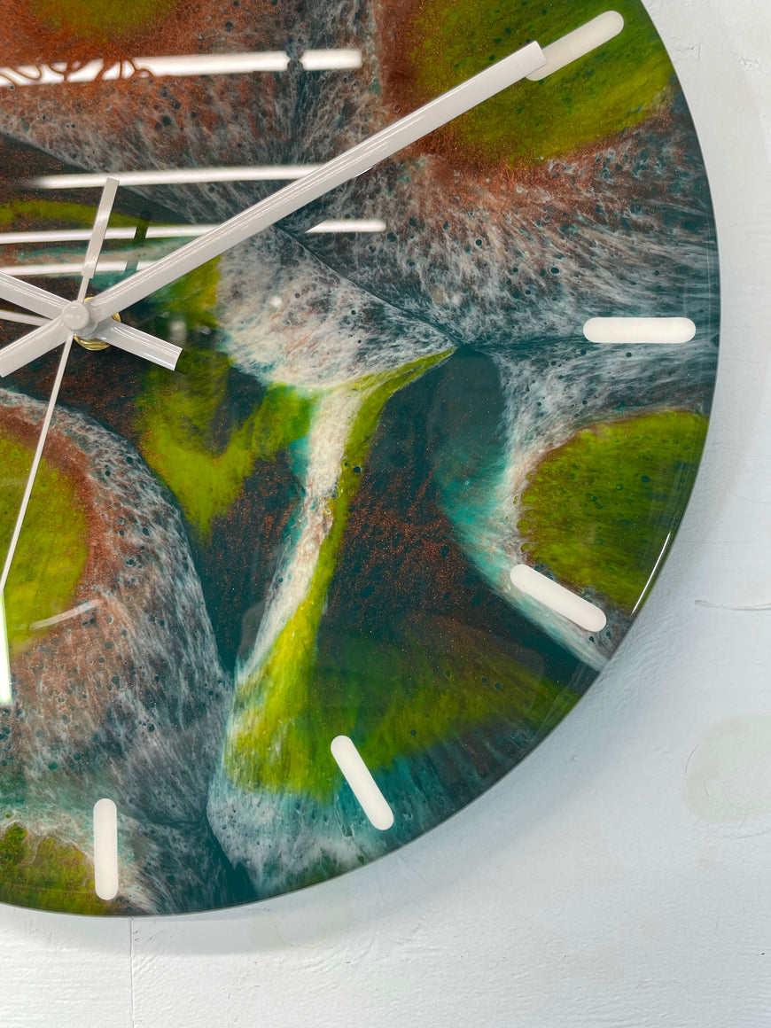 33cm Dark Green Copper and Moss Green Abstract Modern Resin Wall Clock