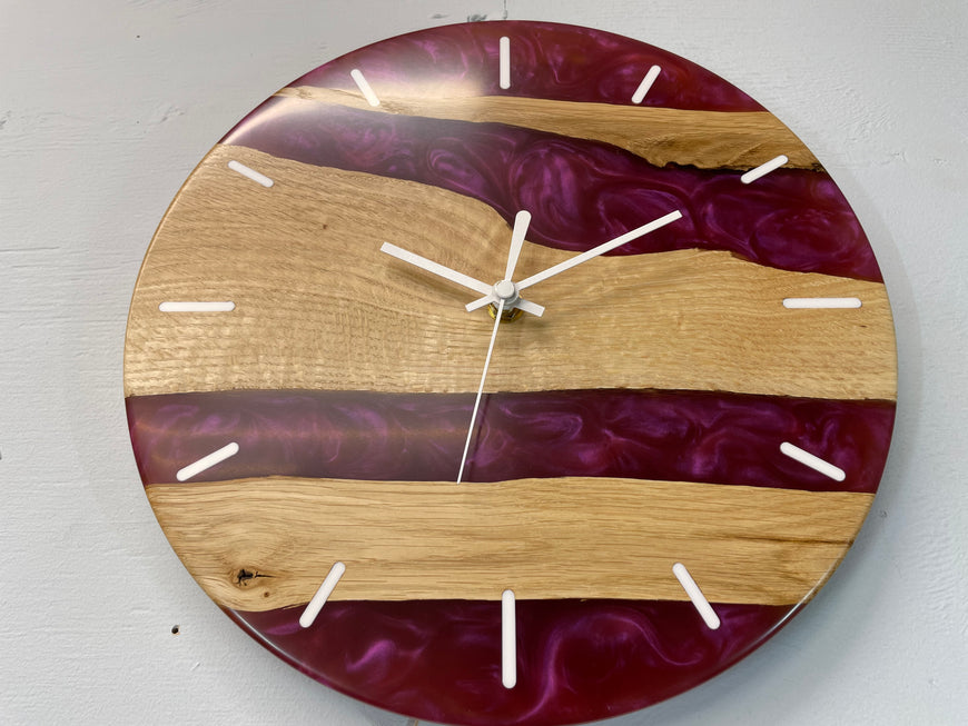 English Oak and Pearlescent Magenta Resin Wall Clock