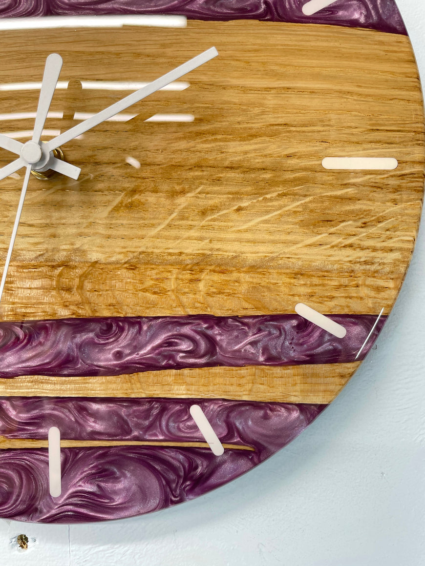 English Oak and Purple Pearlescent Resin Wall Clock