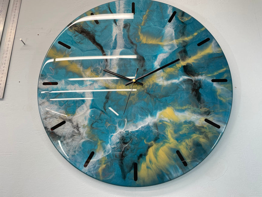 50cm Large Teal Black White and Gold Abstract Modern Resin Wall Clock