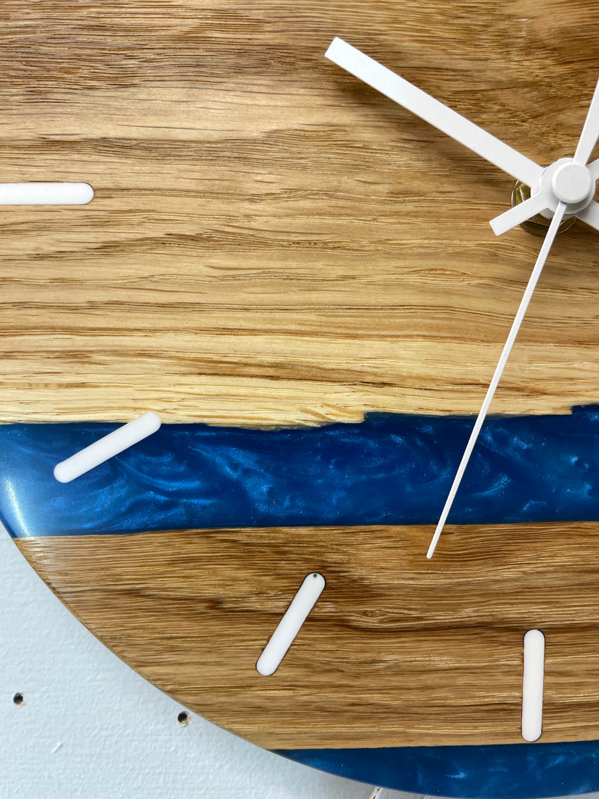 English Oak and Sapphire Blue Pearlescent Resin Wall Clock