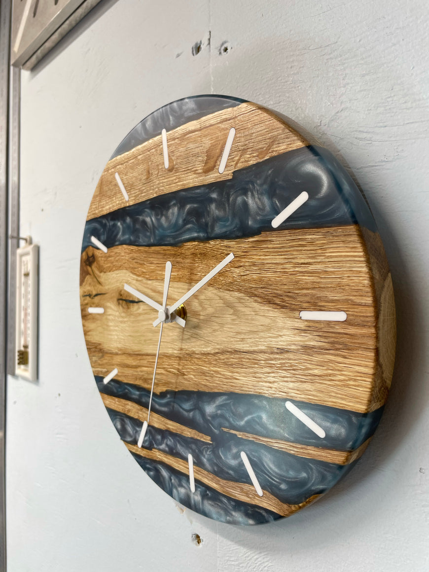 English Oak and Metallic Blue Pearlescent Resin Wall Clock