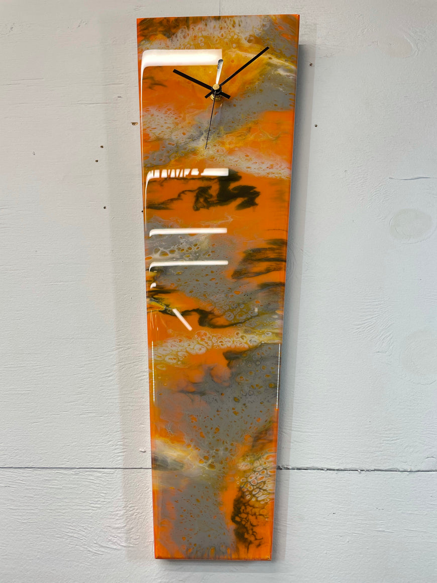 Narrow Burnt Orange Ivory Grey and Black Abstract Resin Wall Clock