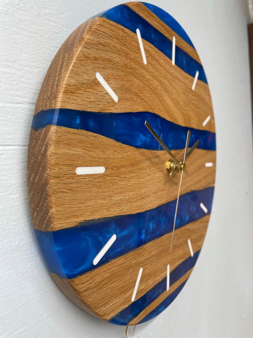 English Oak and Sapphire Blue Pearlescent Resin Wall Clock