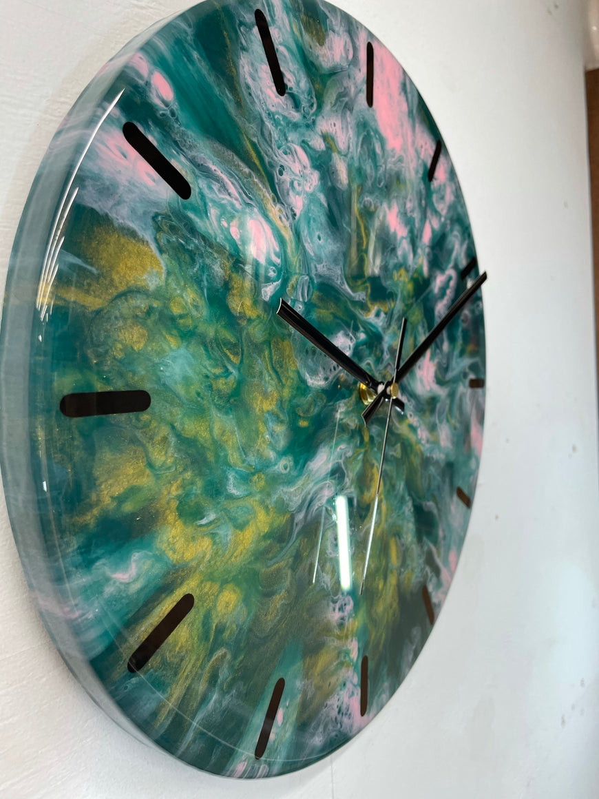 33cm Dark Green Pink and Gold Abstract Modern Resin Wall Clock