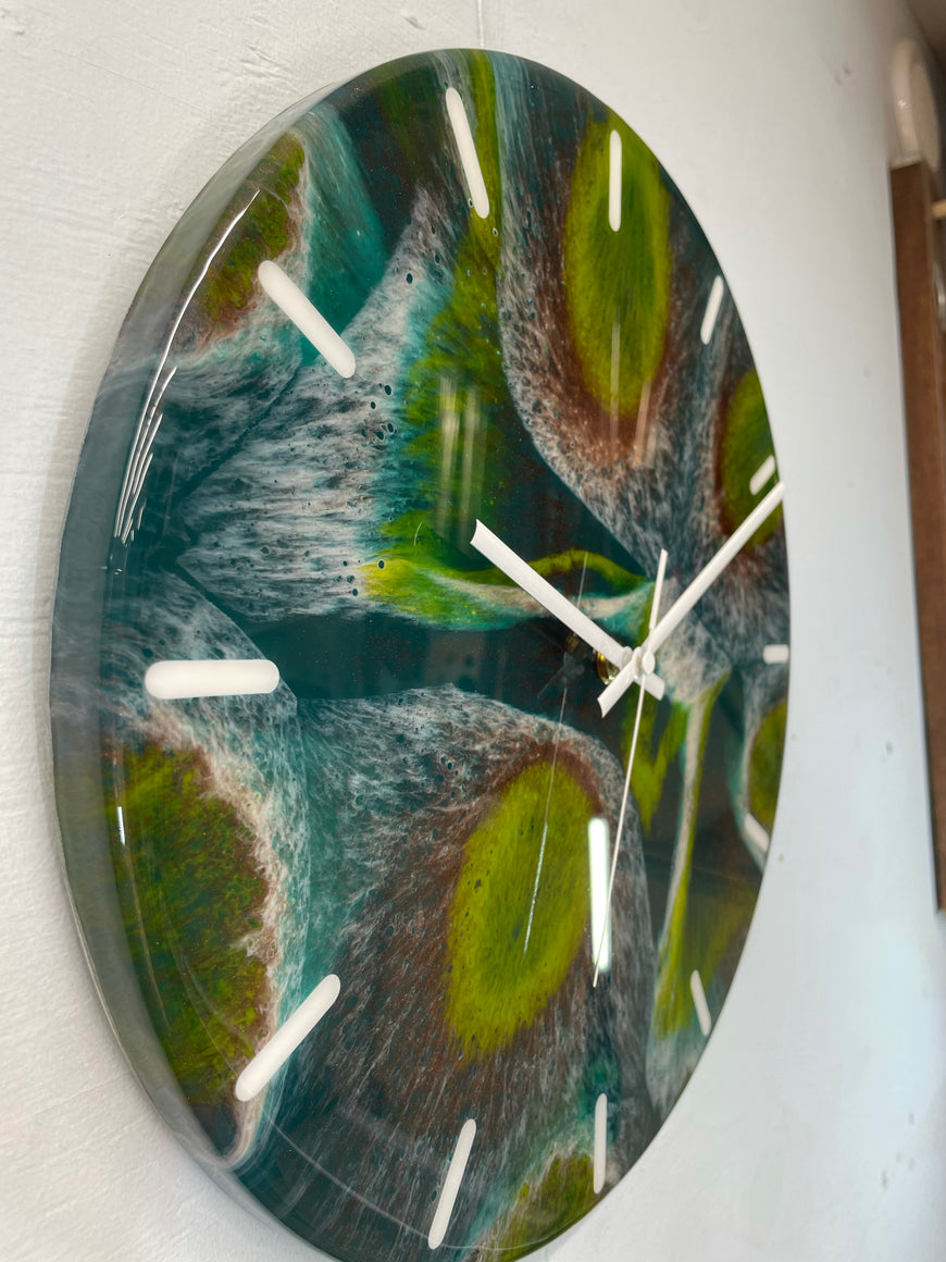 33cm Dark Green Copper and Moss Green Abstract Modern Resin Wall Clock