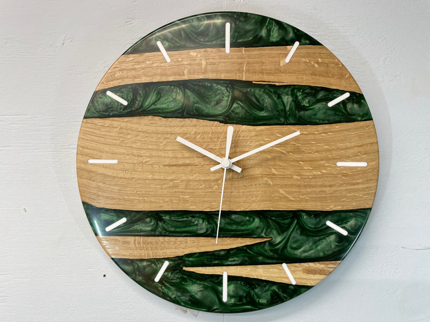 English Oak and Dark Green Pearlescent Resin Wall Clock