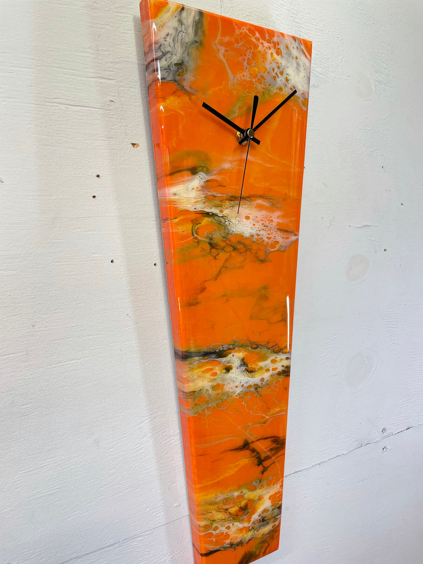 Narrow Burnt Orange Ivory Black and Grey Abstract Resin Wall Clock