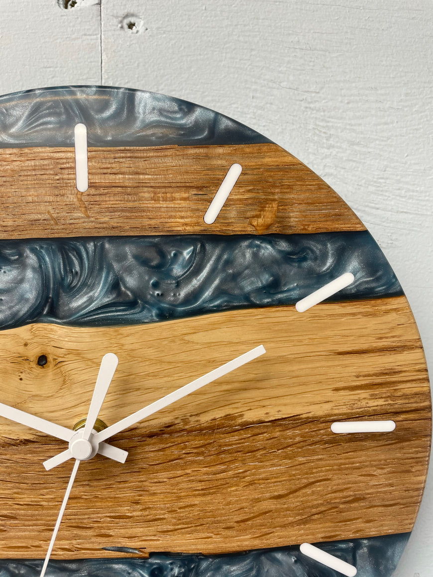 English Oak and Metallic Blue Pearlescent Resin Wall Clock