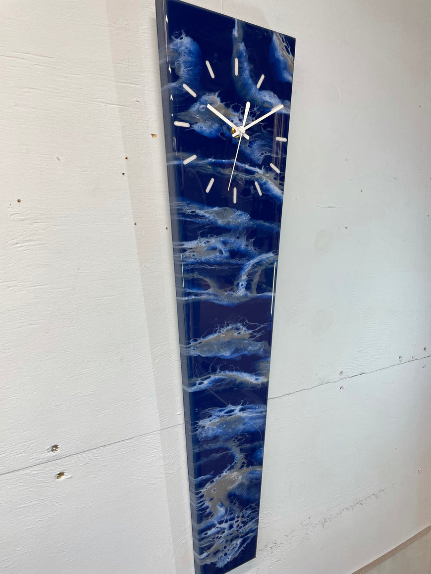 70cm Long Narrow Navy Blue White and Grey Abstract Resin Wall Clock