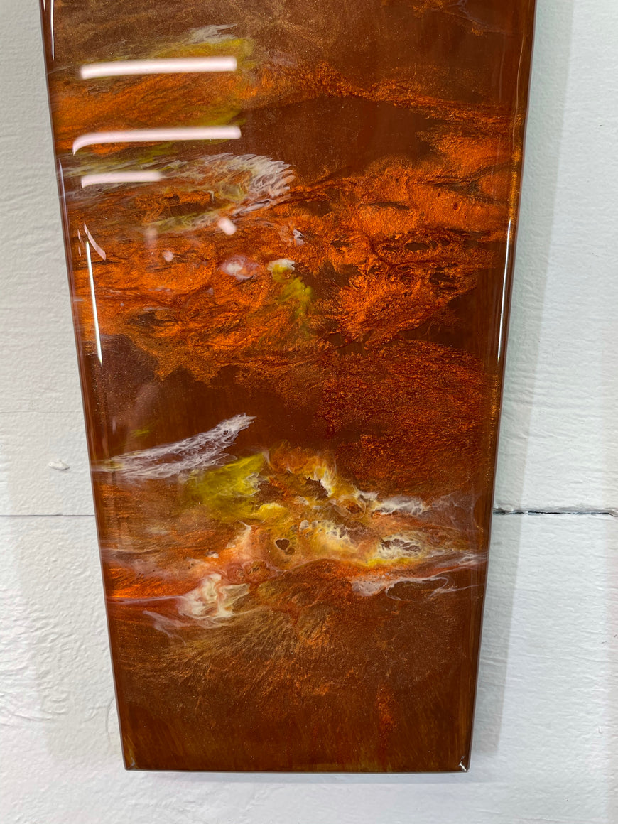 Modern Narrow Brown Copper and Ivory Abstract Resin Wall Clock