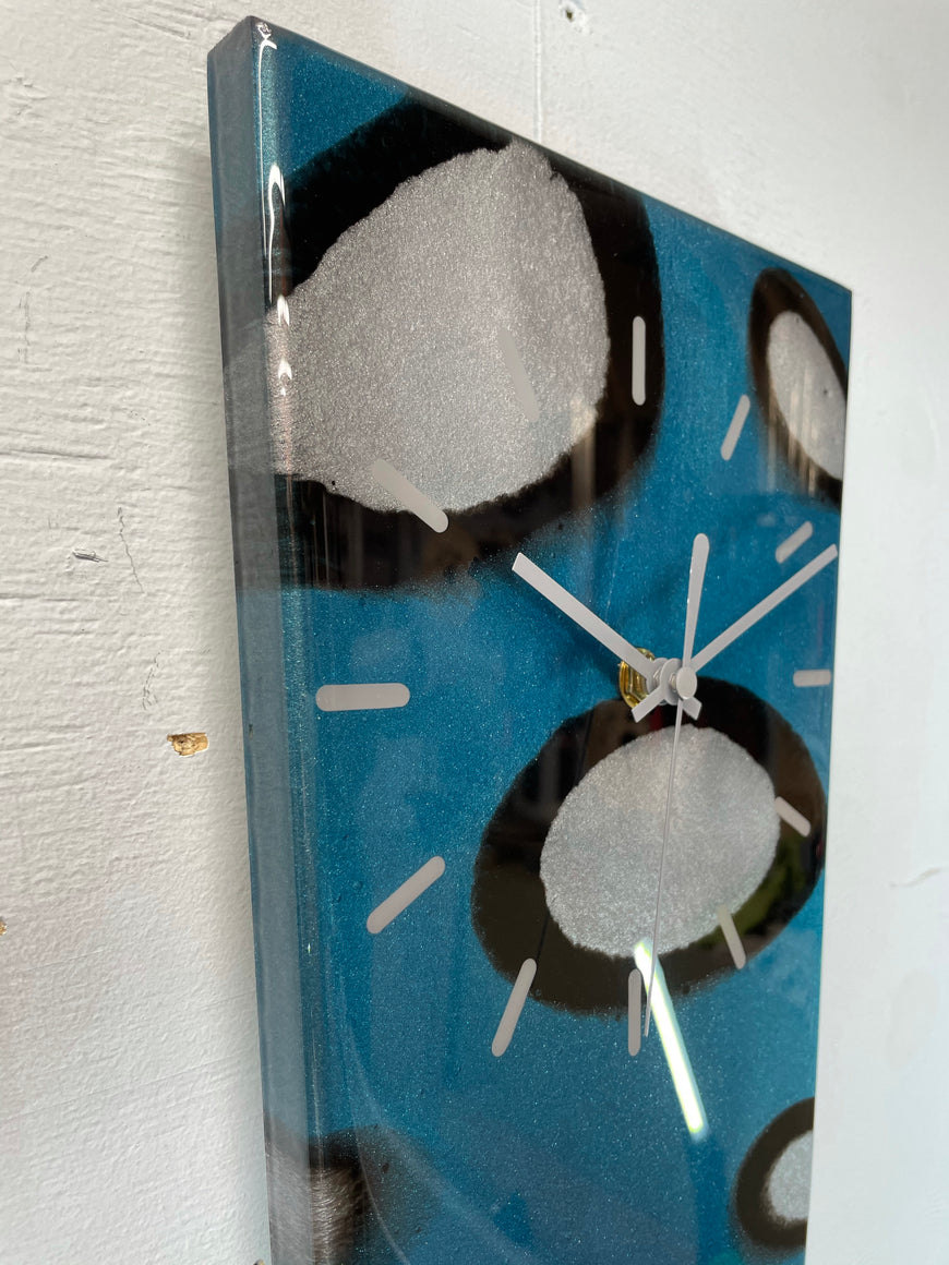 70cm Long Narrow Turquoise Black & Silver Abstract Resin Wall Clock