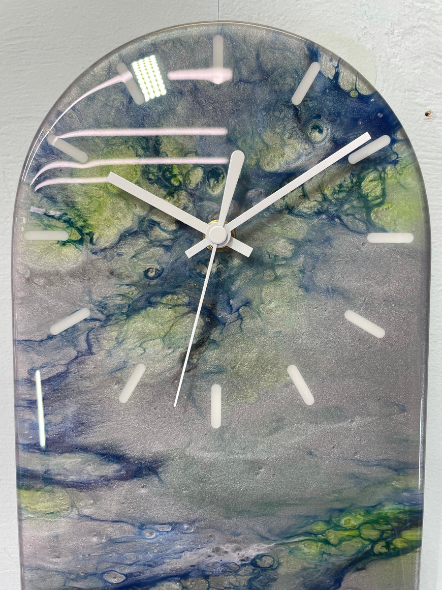 Narrow Metallic Silver Blue and Green Abstract Resin Wall Clock