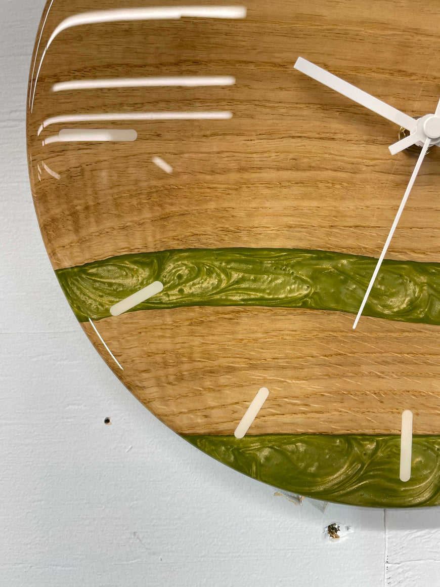 English Oak and Green Pearlescent Resin Wall Clock