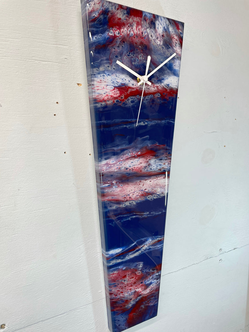 Narrow Navy Blue Blood Red and White Abstract Resin Wall Clock