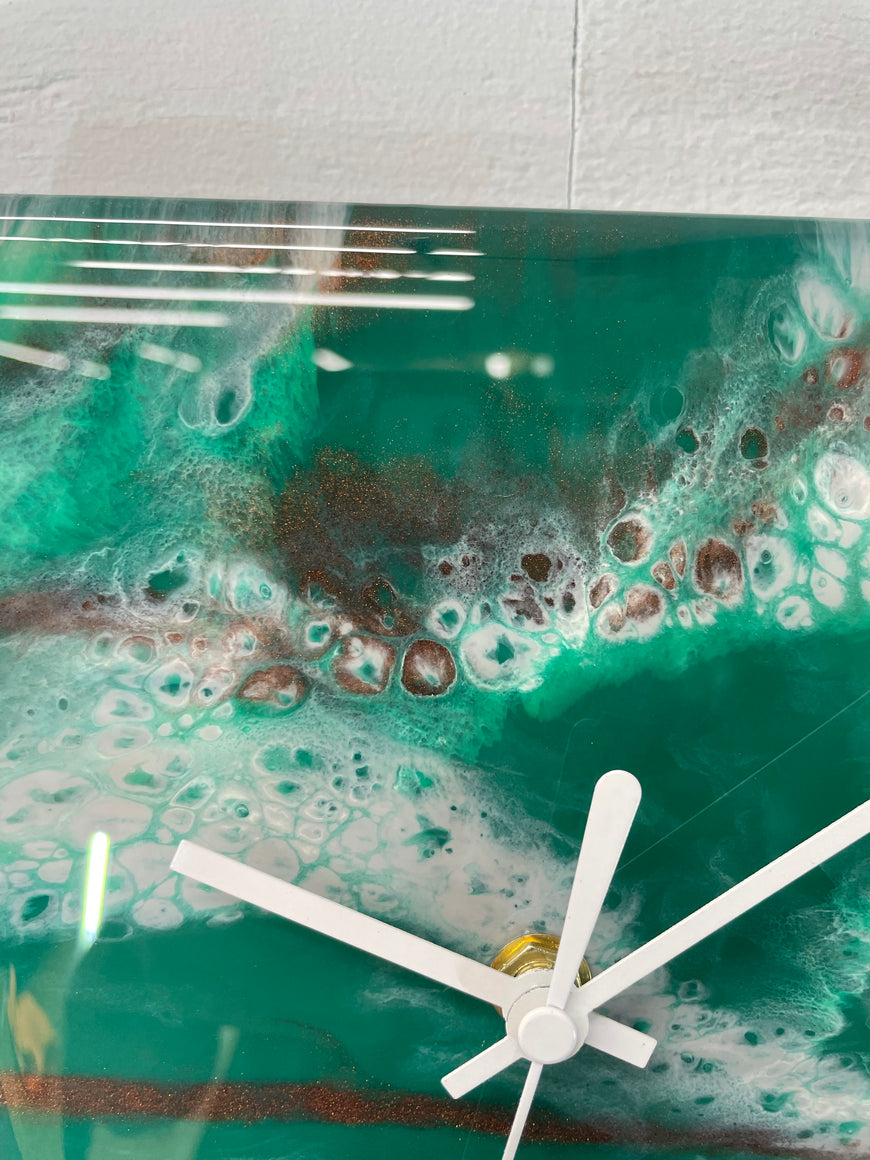 Narrow Emerald Green Copper and Grey Abstract Resin Wall Clock