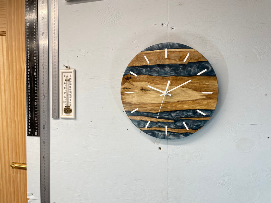 English Oak and Metallic Blue Pearlescent Resin Wall Clock