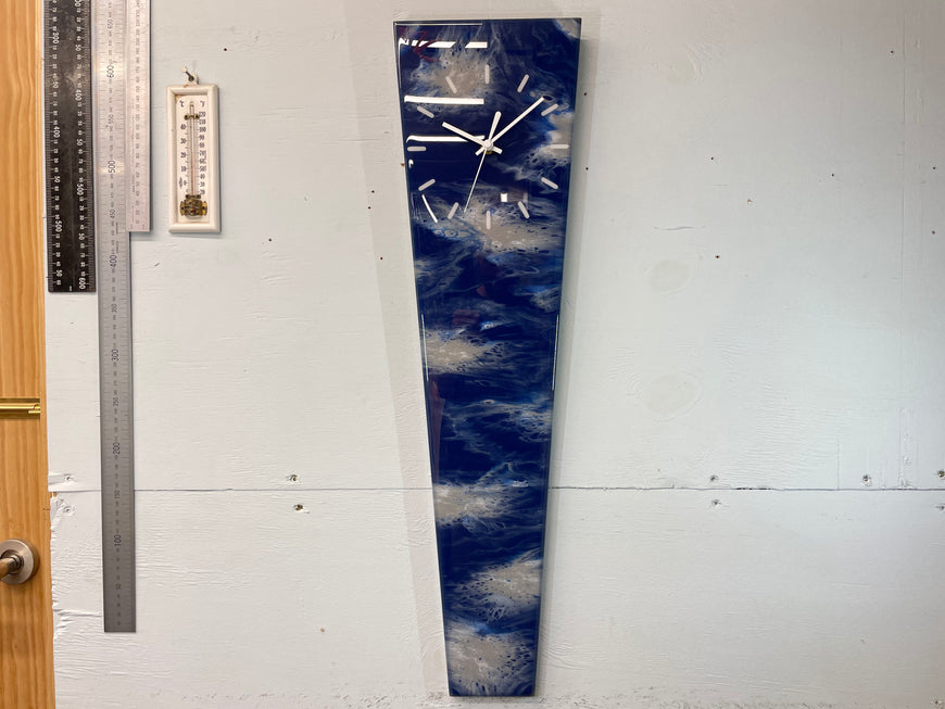 70cm Long Narrow Navy Blue White and Grey Abstract Resin Wall Clock
