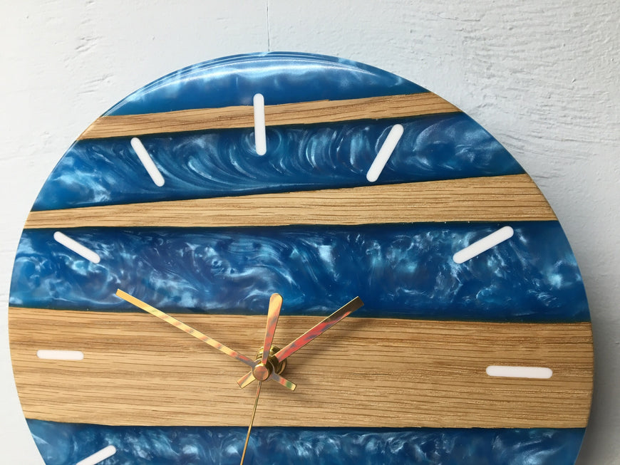 Sky Blue Pearlescent Resin and Red Oak Wall Clock