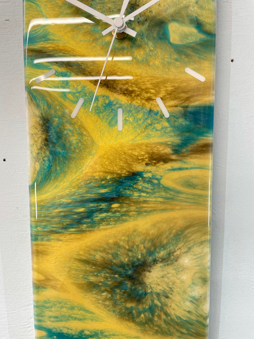 Teal and Gold Abstract Resin Wall Clock