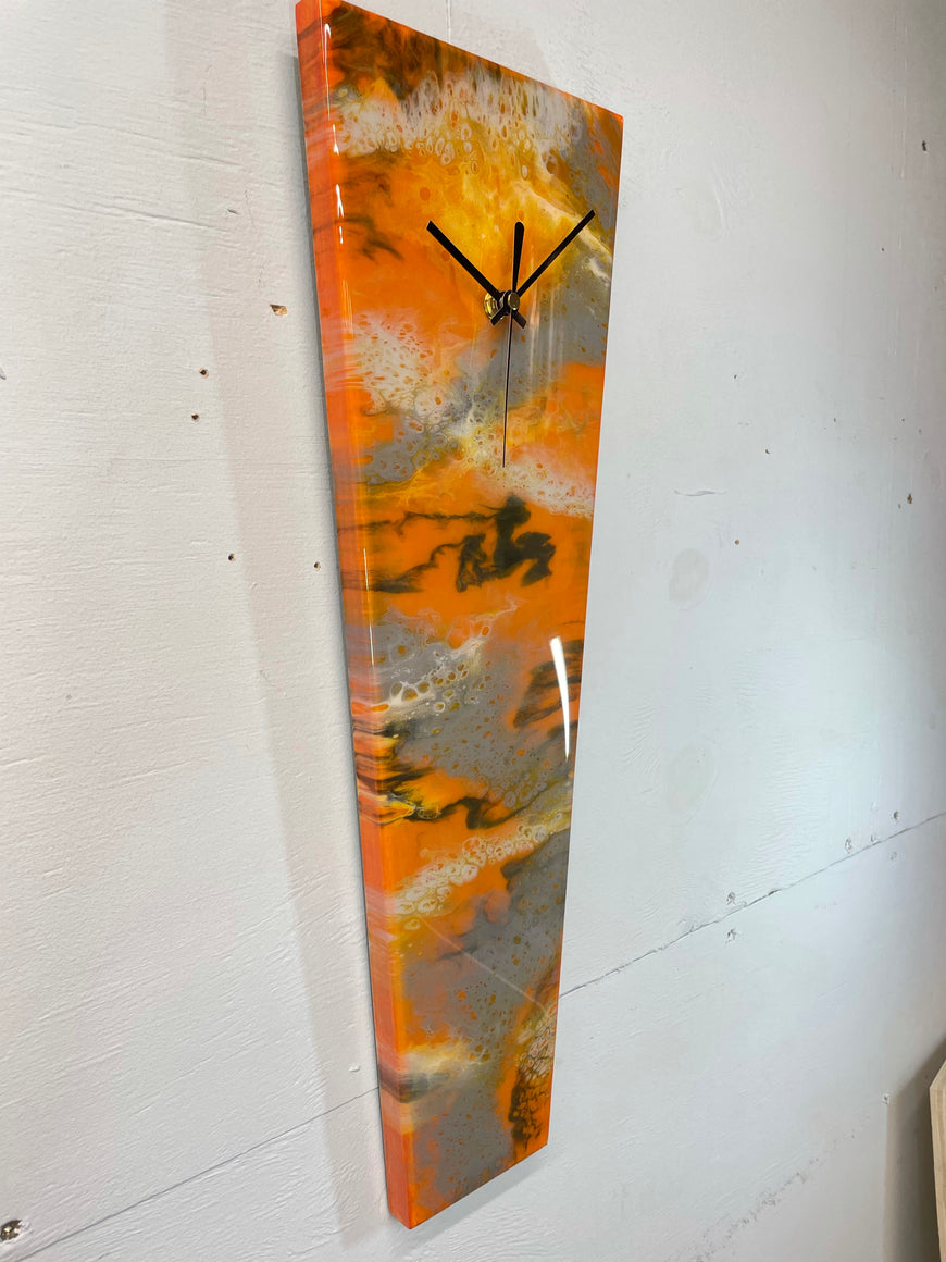 Narrow Burnt Orange Ivory Grey and Black Abstract Resin Wall Clock