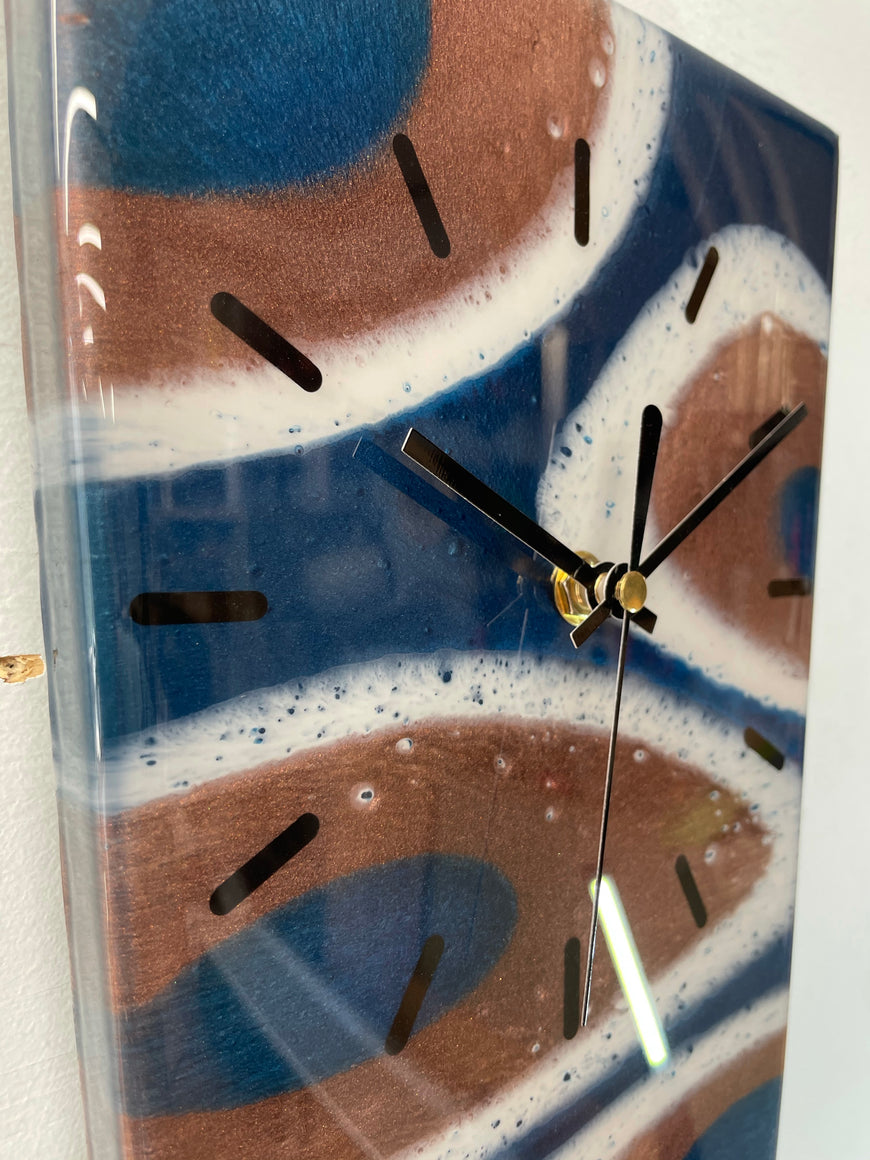 70cm Long Narrow Dark Blue and Copper Abstract Resin Wall Clock