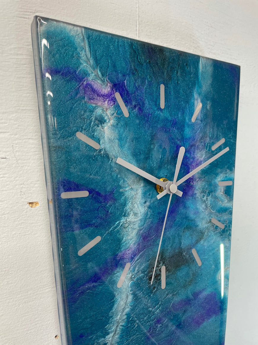 70cm Long Narrow Turquoise Purple and Silver Abstract Resin Wall Clock