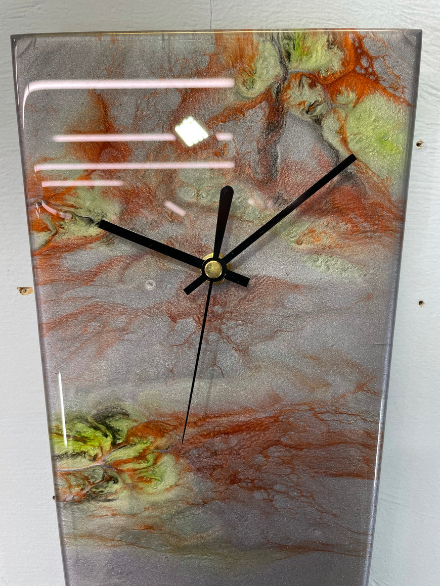 Narrow Metallic Silver Copper and Lime Green Abstract Resin Wall Clock