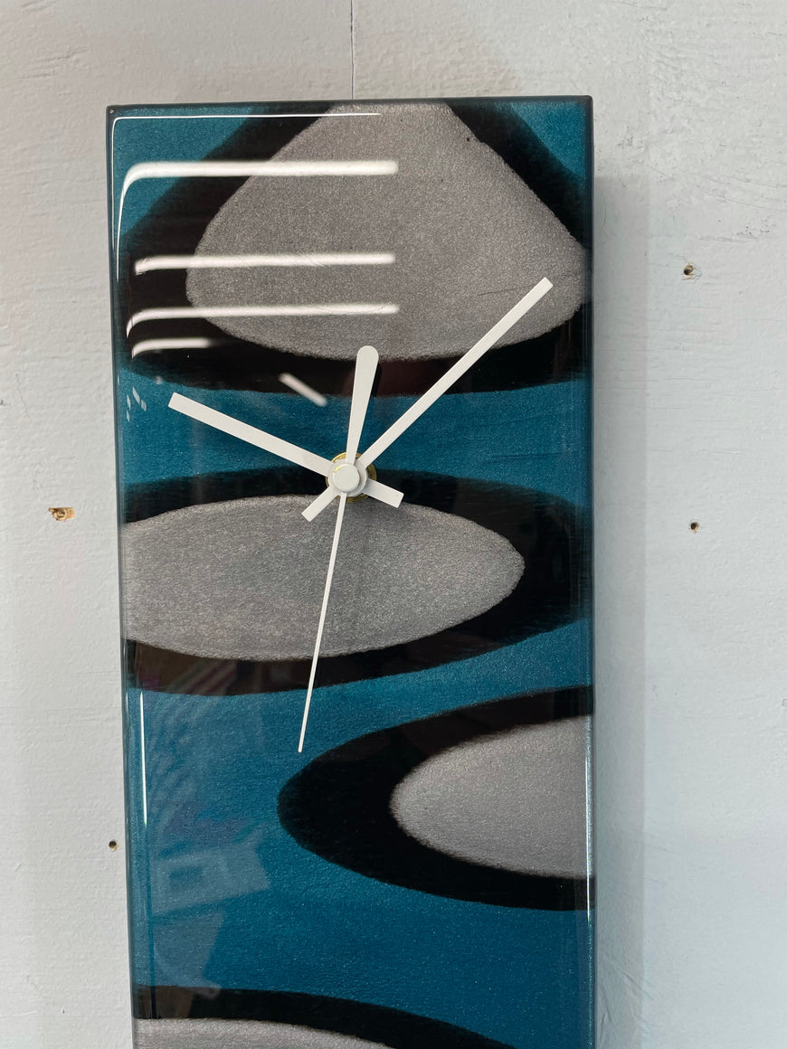 Narrow Turquoise Silver & Black Rectangular Abstract Resin Wall Clock