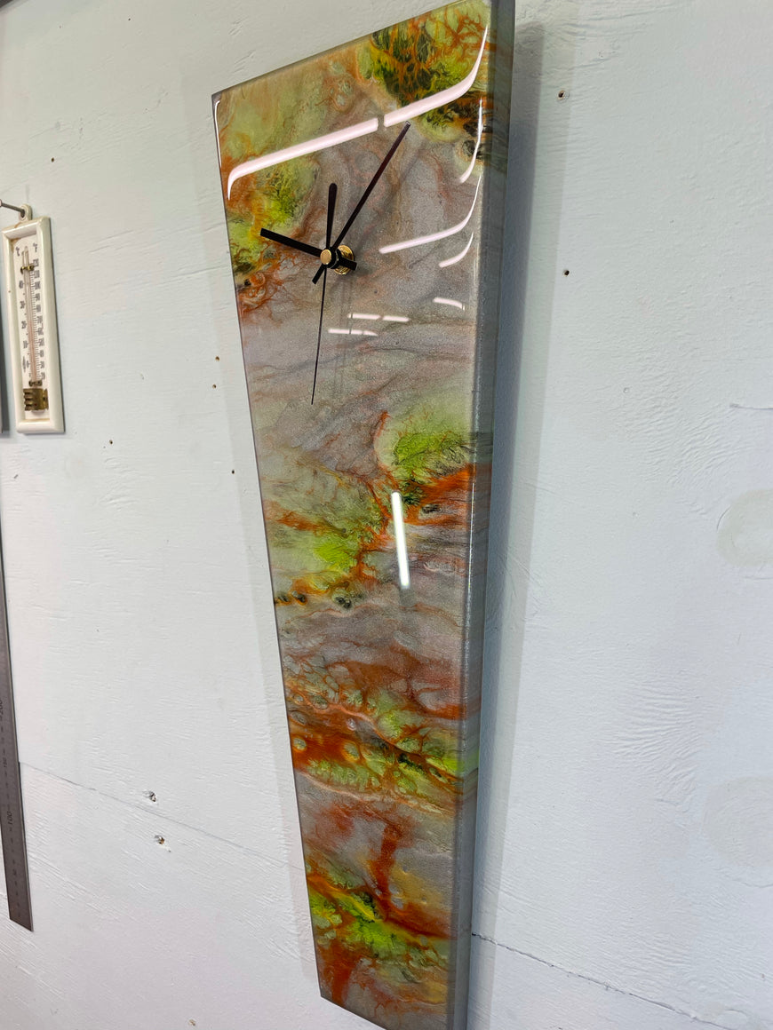 Narrow Metallic Silver Copper and Lime Green Abstract Resin Wall Clock