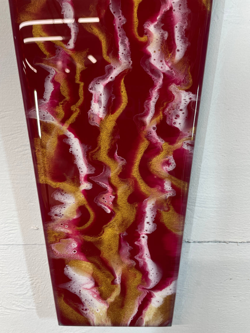 Narrow Dark Red Maroon White and Gold Abstract Resin Wall Clock